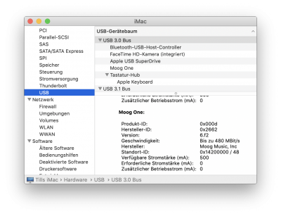 Screenshot of the USB connected Moog One (on my iMac running the german MacOSX version 10.14.5 beta)