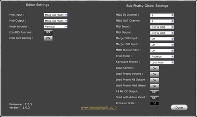 After setting MIDI input &amp; output to &quot;Moog Sub Phatty&quot; 'Sub Phatty Global Settings' initialised by themselves